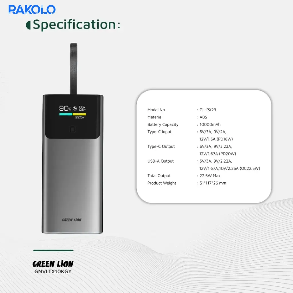 پاوربانک 20 وات صفحه نمایش دار گرین لایون مدل Voltix ظرفیت 10000 میلی آمپر