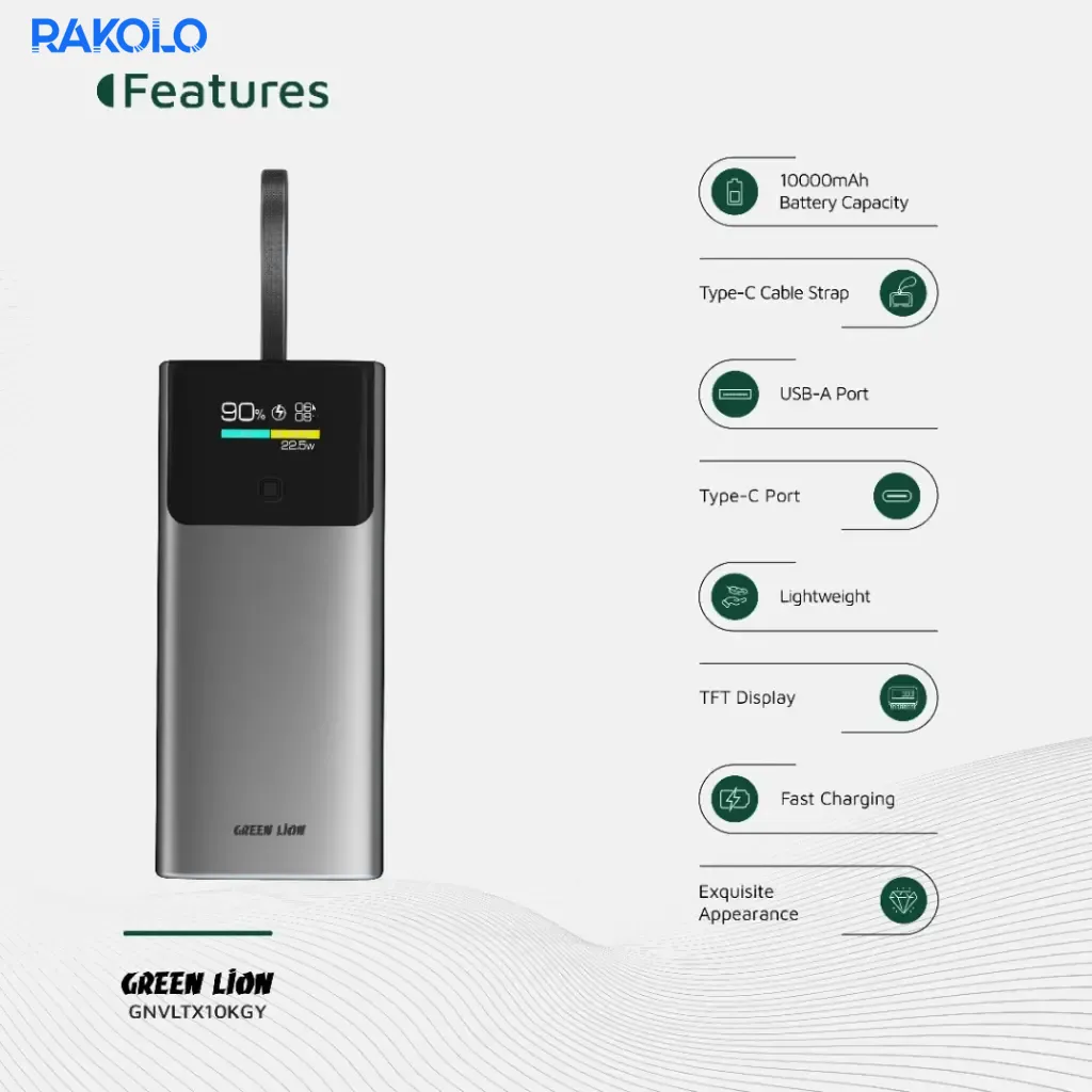 پاوربانک 20 وات صفحه نمایش دار گرین لایون مدل Voltix ظرفیت 10000 میلی آمپر