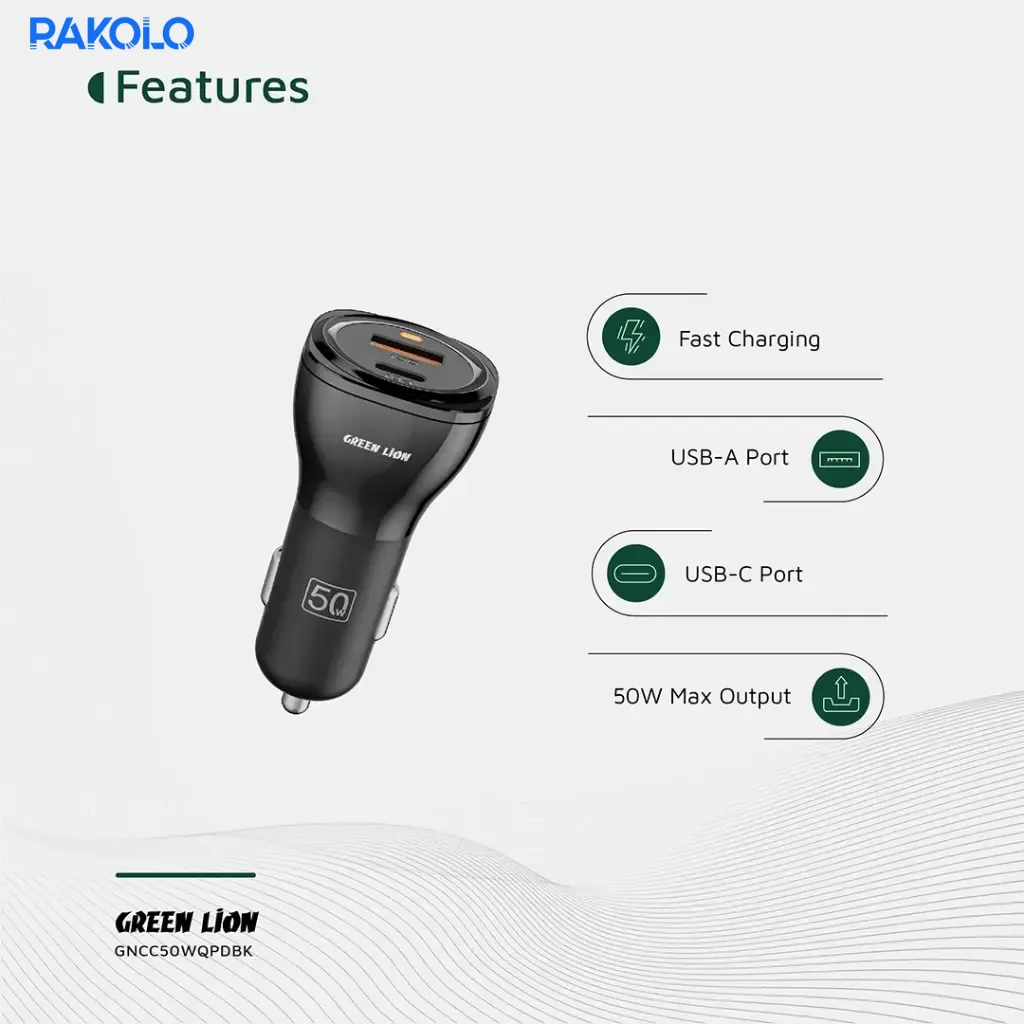 شارژر فندکی خودرو 50 وات گرین لایون مدل Dual Port Car Charger + کابل دوسر TYPE-C