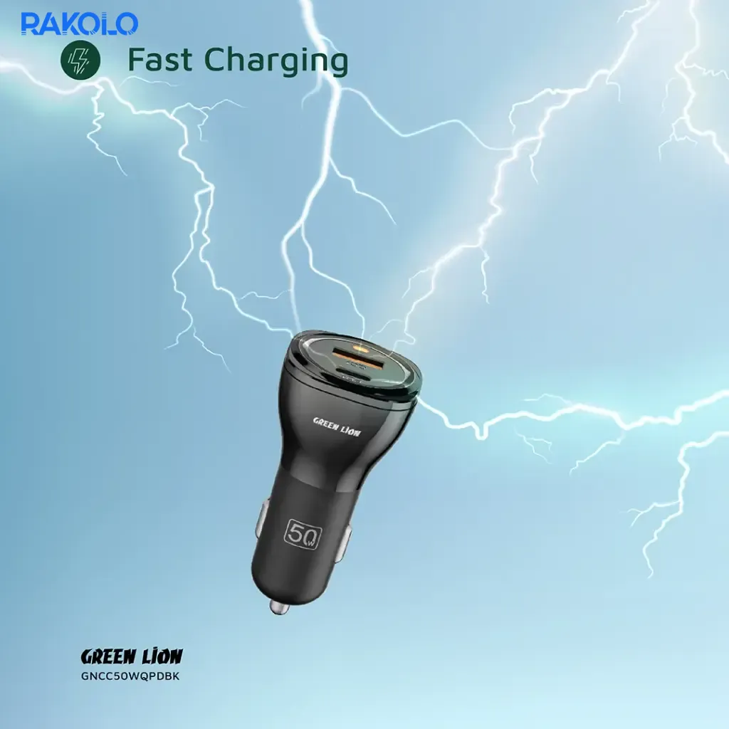 شارژر فندکی خودرو 50 وات گرین لایون مدل Dual Port Car Charger + کابل دوسر TYPE-C