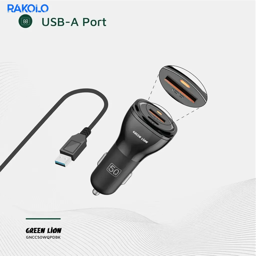 شارژر فندکی خودرو 50 وات گرین لایون مدل Dual Port Car Charger + کابل دوسر TYPE-C