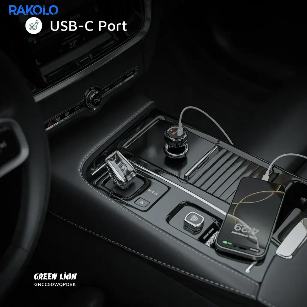 شارژر فندکی خودرو 50 وات گرین لایون مدل Dual Port Car Charger + کابل دوسر TYPE-C