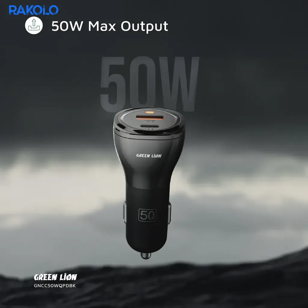 شارژر فندکی خودرو 50 وات گرین لایون مدل Dual Port Car Charger + کابل دوسر TYPE-C