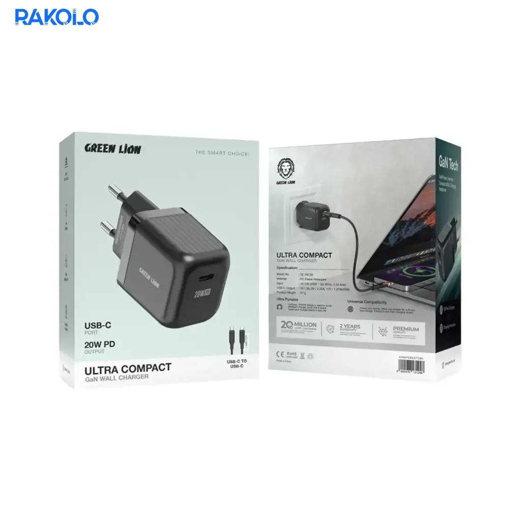 شارژر 20 وات گرین لایون مدل Ultra Compact GaN Wall Charger EU Pin USB-C + کابل دو سر TYPE-C