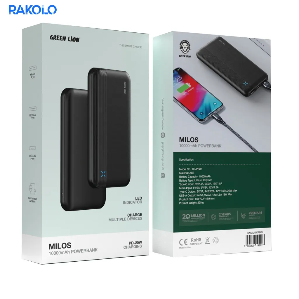 پاوربانک 20 وات برند گرین لایون مدل Milos ظرفیت 10000 میلی آمپر