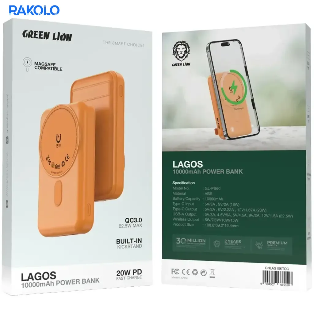 پاوربانک مگ سیف برند گرین لایون مدل Lagos ظرفیت 10000 میلی آمپر