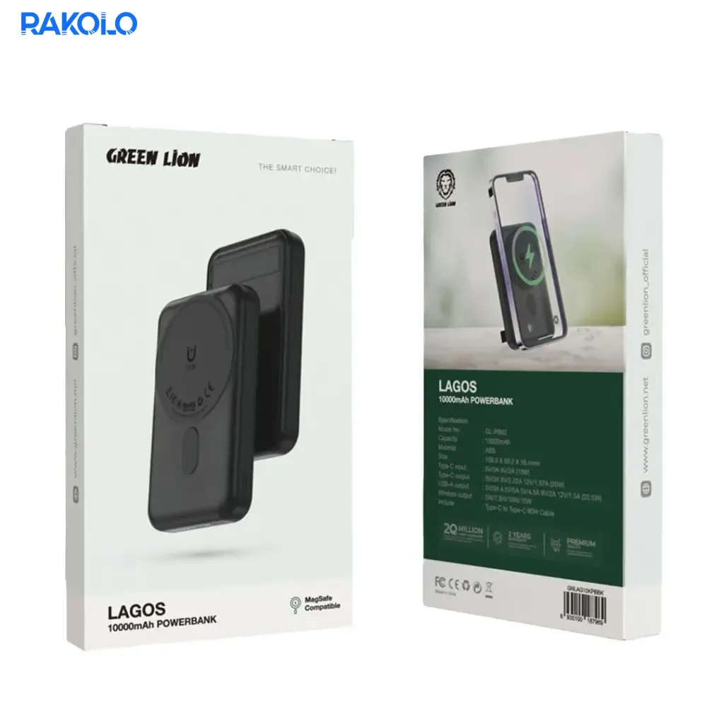 پاوربانک مگ سیف برند گرین لایون مدل Lagos ظرفیت 10000 میلی آمپر