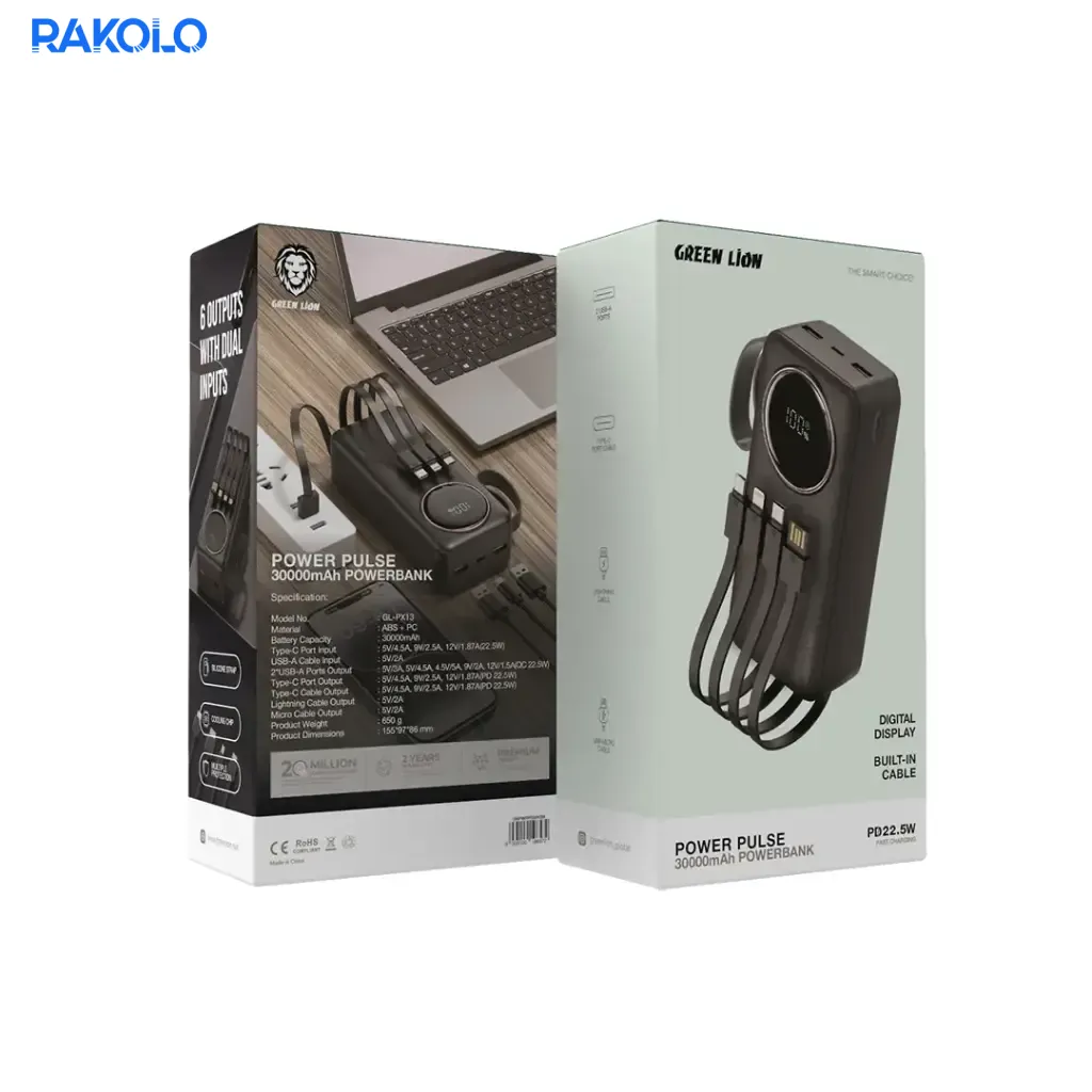 پاوربانک 22.5 وات برند گرین لایون مدل Power Pulse ظرفیت 30000 میلی آمپر